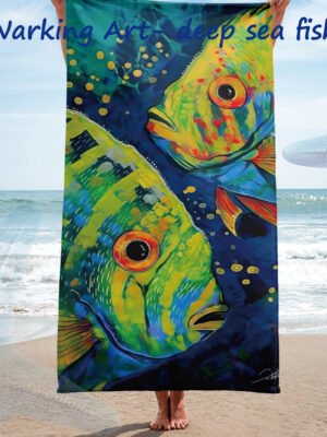 Extra Large Artistic Cotton Towel “Ugly Fishing”, Oil Painting
