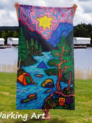 Extra Large Artistic Cotton Towel “Camping MAP”