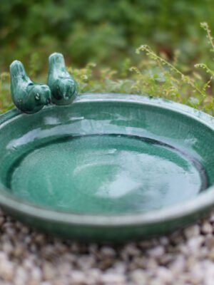 Handmade Ceramic Bird Bath - 11.8 Inch Light Blue with Silver Sheen