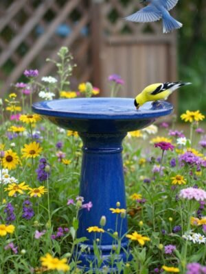 Ceramic Pedestal Bird Bath 12.4 Inch Sapphire Blue - Tall Outdoor Garden Decor